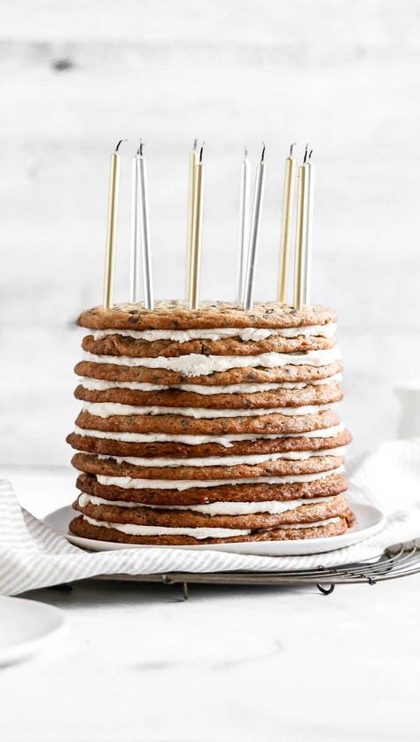 This chocolate chip cookie layer cake is PERFECT for any cookie lover! Ditch the birthday cake and go with this 10 layer stack of delicious chocolate chip cookies! #cookiecake #cookielayercake #chocolatechipcookies #butternutbakery Cookie Layer Cake, Delicious Chocolate Chip Cookies, Cake Lettering, Cookie Ideas, Cookie Cake, Chocolate Chip Cookie, Delicious Chocolate, Layer Cake, Chip Cookies