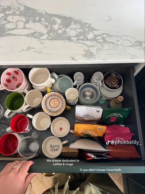 Kitchen Mug Organization, Tea Drawer Aesthetic, Mug Drawer, Tea Organization, Future Apartment, Dream Apartment, Humble Abode, My New Room, House Inspo