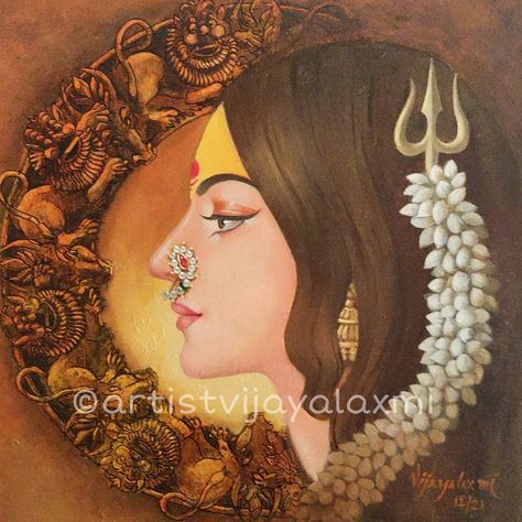 Ganpati Aesthetic, Indian Goddess Painting, Shiv Shakti Painting, Devi Aesthetic, God Canvas Painting, Devi Drawing, Parvati Painting, Devi Painting, Durga Painting