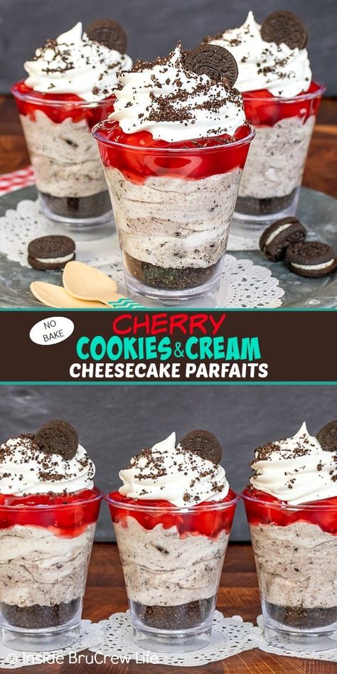 Cheesecake Cherry, Dessert Cups Recipes, Cookies And Cream Cheesecake, Mason Jar Desserts, Cheesecake Oreo, Cheesecake Parfaits, Parfait Cups, No Bake Recipe, Mini Dessert Cups