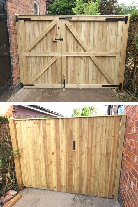 18 DIY Wooden Gate Plans You Can Build - Handy Keen Building A Gate For Fence, Diy Fence Gate Ideas, Wooden Driveway Gates Diy, Wood Gates Ideas Entrance, Wooden Fence Gate Ideas Entrance, Wooden Gates And Fences, Diy Sliding Gate Outdoor, How To Build A Wooden Gate, Fence Gates Wooden