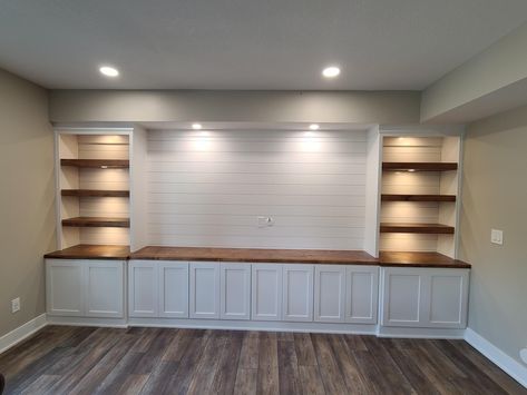 Shiplap Upper Half Of Wall, Built In Tv Wall Unit Basement, Living Room Cabinets Built In, Basement Entertainment Wall, Built In Cabinets Living Room, Wall Unit Ideas, Basement Built Ins, Basement Entertainment, Basement Decoration