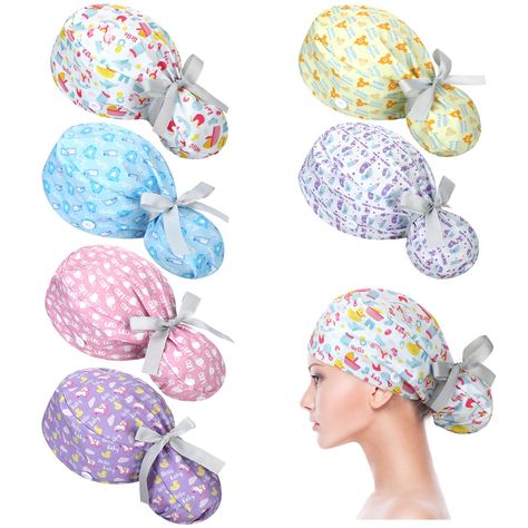 PRICES MAY VARY. Scrub Caps Women Sets: there are 6 pieces caps with buttons, ponytail holder and sweatband available in different patterns, fun and eye catching, enough for your daily use, replacement and sharing Sweatband Design and Suitable Size: the inside edge of the NICU bouffant turban hat is designed with a sweat absorbing sweatband, which is more close fitting; It keeps your forehead dry and clean at all times, so that when you wear, you will be more focused on your work; Surgical cap n Scrub Caps Women, Nurse Student, Nurse Hat, Nursing Cap, Nicu Nurse, Turban Hat, Surgical Caps, Ponytail Holder, Ponytail Holders