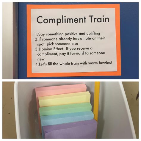 Use these guidelines to turn a bulletin board into a compliment train to encourage students share positive and uplifting messages about their peers. Compliments Bulletin Board, Classroom Compliments Board, Compliment Bulletin Board Ideas, Compliment Board Classroom, Staff Compliment Board, Compliment Wall Classroom, Staff Encouragement Bulletin Boards, Compliment Board For Work, Staff Engagement Bulletin Boards