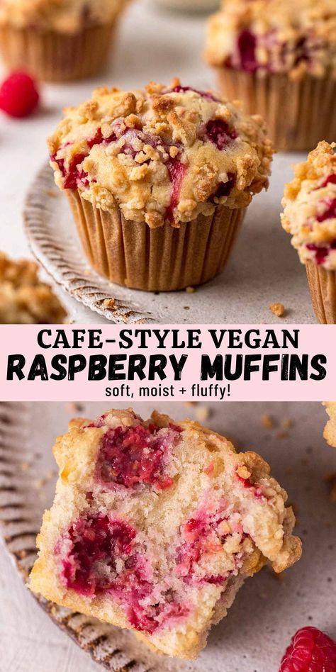 One-bowl vegan raspberry muffins that are fluffy, moist, and packed with raspberries. These muffins have tall bakery-style tops and an optional crumble topping. Vegan Fruit Muffins, Vegan Baked Snacks, Vegan Jumbo Muffins, Vegan Keto Muffins, Healthy Muffins Vegan, Vegan Baking Healthy, Vegan Rasberry Deserts, Vegan Raspberry Cookies, Healthy Vegan Muffin Recipes