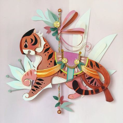 @britsketch shared a photo on Instagram: “2 new carousel creatures down, a few more to go! Both my high school and college mascots were tigers, and I have a mini ferocious ball of…” • Sep 13, 2020 at 11:04pm UTC Brittany Lee, Brittney Lee, 3d Paper Art, Mermaid Print, Carousel Horses, Unicorn Print, Paper Cut Art, Paper Cut, Wreath Sign