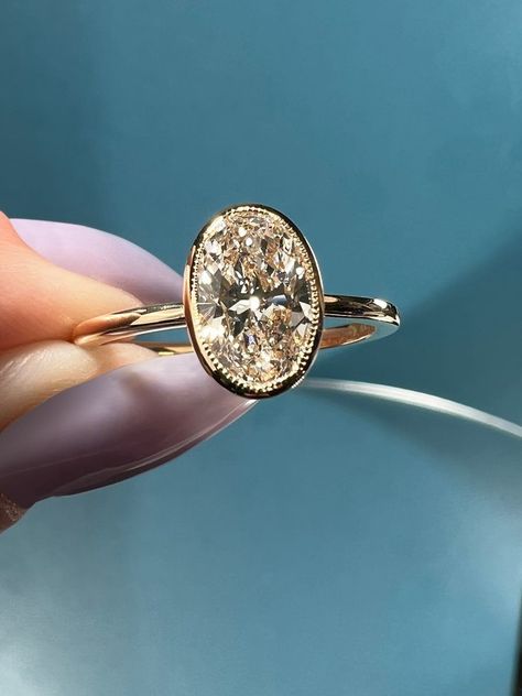 Mosaic Engagement Ring Small, Simple Bezel Engagement Ring, Moissanite Bezel Engagement Ring, Moissanite Engagement Ring Bezel, Engagement Ring Milgrain, Elegant Vintage Engagement Ring, Jem Stone Engagement Rings, Oval Bezel Set Engagement Ring With Band, Full Bezel Oval Engagement Ring