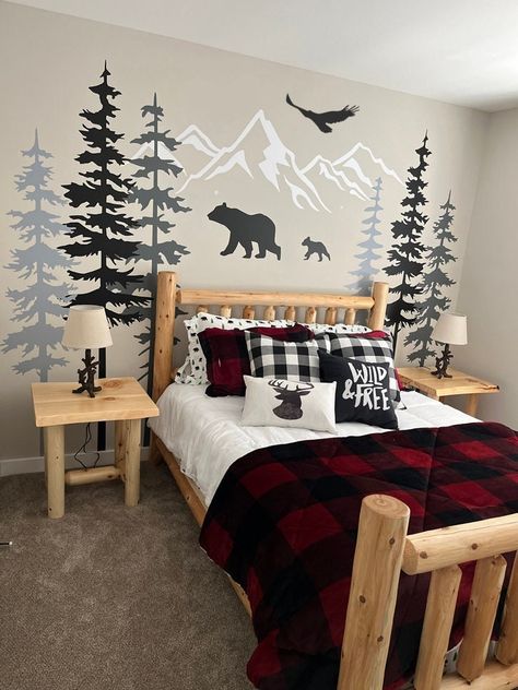 Buffalo Bedroom Decor, Painted Pine Trees On The Wall, Woodlands Bedroom, Little Boy Room Ideas Toddlers, Woods Themed Nursery, Kids Forest Bedroom, Forest Nursery Ideas, Boys Woodland Bedroom, Nature Kids Room