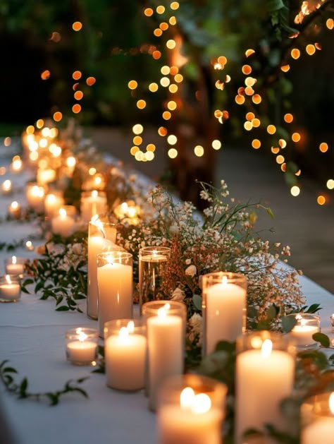 Wedding Tablescape With Candles, Candles And Lights Wedding, Tall Candles Wedding Table, Wedding With Candles And Lights, Wedding Candle Decorations, Candle Lit Reception Tables, Intimate Wedding Table Setting, Candle Only Centerpieces Wedding, Candle Light Wedding Ceremony