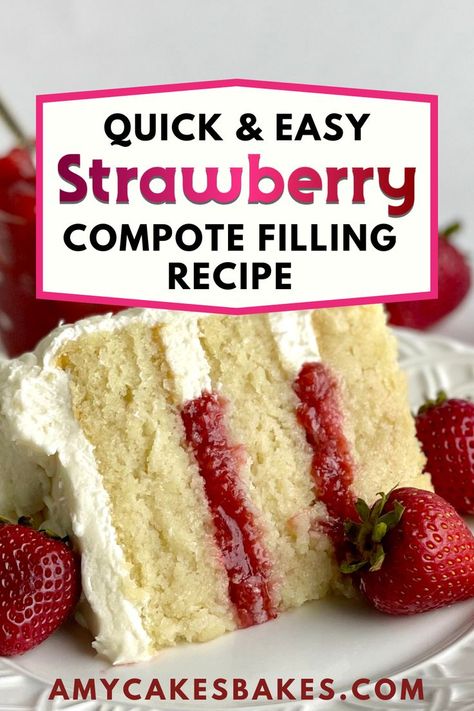 This easy Strawberry Compote bakery recipe has a deliciously fresh and natural strawberry flavor. It cooks in only 10 minutes and can be used as a cake filling or cupcake filling. This is one of the easiest cake fillings you can make from scratch, requiring only 4 ingredients and 10 minutes of cooking time. Frozen strawberries make it easier to come up with this cake filling recipe any time of the year. Pie, Red Velvet Cake With Strawberry Filling, Strawberry Custard Cake Filling, Strawberry Cake Filling Frozen, Strawberry Decorations On Cake, How To Make Strawberry Filling, Chocolate Cake Strawberry Filling, How To Make Strawberry Filling For Cake, Easy Strawberry Cake Filling