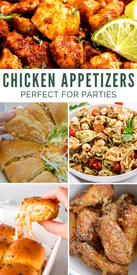 These chicken appetizers for parties and snacking will always hit the spot! Easy appetizers like dips, sliders, and pasta salad are easy to share. Guests will always ask for these great chicken appetizer recipes.  Many party apps double as great lunch recipes! Don’t worry about leftovers–These Garlic Parmesan Wings will be the perfect midday pick-me-up. This Chicken Taco Crescent Ring reheats perfectly and is perfectly portioned for parties or lunches! Rotisserie Chicken Recipes Appetizers, Snacks With Chicken, Chicken Party Food, Pesto Chicken Sliders, Incredible Appetizers, Taco Crescent Ring, Chicken Appetizers Easy, Chicken Appetizer, Chicken Appetizer Recipes