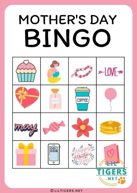 Free Printable Mother's Day Bingo Game Templates - Lil Tigers Mothers Day Literacy Activities, Mother’s Day Bingo Free, Mothers Day Bingo Free Printable, Mothers Day Games For Kids, Mother’s Day Activities Preschool, Mothers Day Printables Free Templates, Canada Activities, Mothers Day Activities, Mothers Day Games