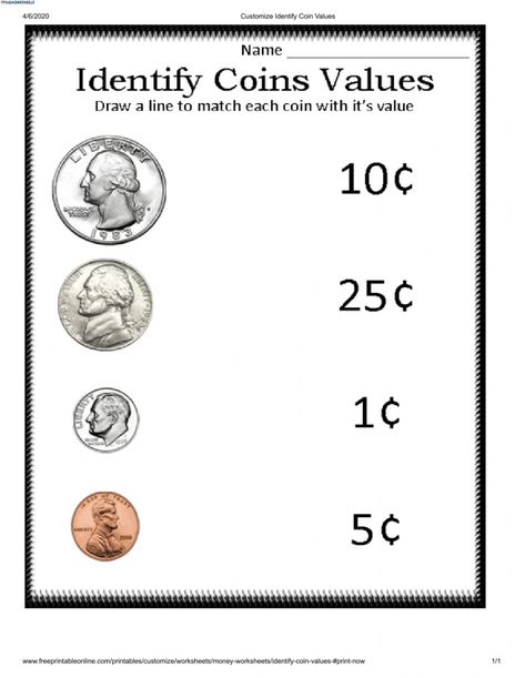 Coins Worksheet, Kindergarten Money Worksheets, Counting Coins Worksheet, Value Worksheet, Money Kindergarten, Identifying Coins, Time Value Of Money, Teaching Money, Money Worksheets