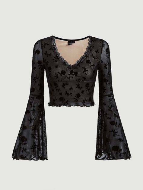 Black Sexy Collar Long Sleeve Knitted Fabric Floral  Embellished Slight Stretch  Women Tops, Blouses & Tee Flared Arms Top, Goth Tops Women, Pretty Goth Outfits, Dark Floral Outfit, Whimsigoth Tops, Goth Style Aesthetic, Mesh Blouse Outfit, Dark Witch Aesthetic Outfit, Hippie Goth Fashion