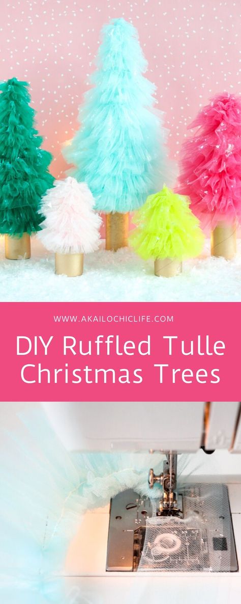 Tulle Trees Diy, Tulle Ribbon Crafts, Tutu Ornament Diy, How To Make A Tulle Christmas Tree, Kailo Chic Christmas, How To Make Tulle Christmas Trees, Tulle Christmas Tree Garland, Nylon Net Christmas Tree, Crafts With Tulle Diy