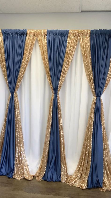 Navy Blue Black And Gold Party, Birthday Decorations With Curtains, Blue White Gold Backdrop, Navy And Gold Backdrop, Navy Blue And Gold Wedding Backdrop, Navy And Gold Gala Decor, Blue And Gold Backdrop Ideas, Black Gold And Blue Party Decorations, Navy Blue And Gold Decor