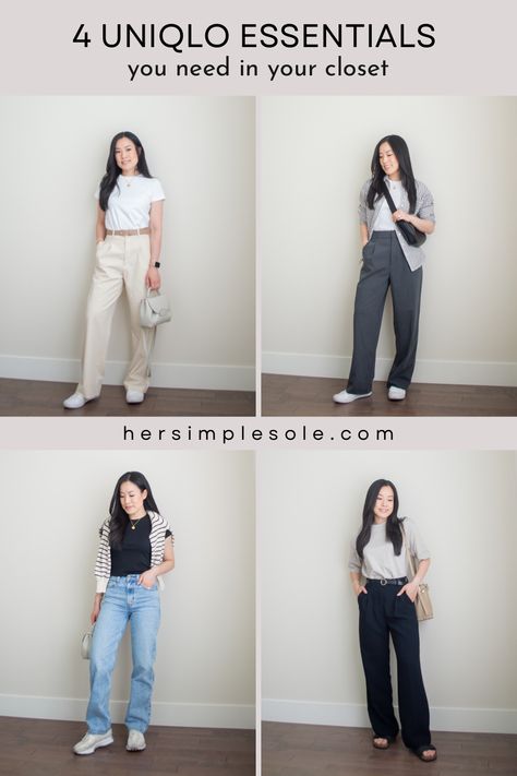 Wide Leg Pants Uniqlo, Business Casual Outfits Minimalist, Uniqlo Trousers Women, Uniqlo Style Outfits, Women Uniqlo Outfit, Pants Essentials Women, Uniqlo Women Outfit Petite, Uniqlo Inspired Outfits, Uniqlo Skort Ootd