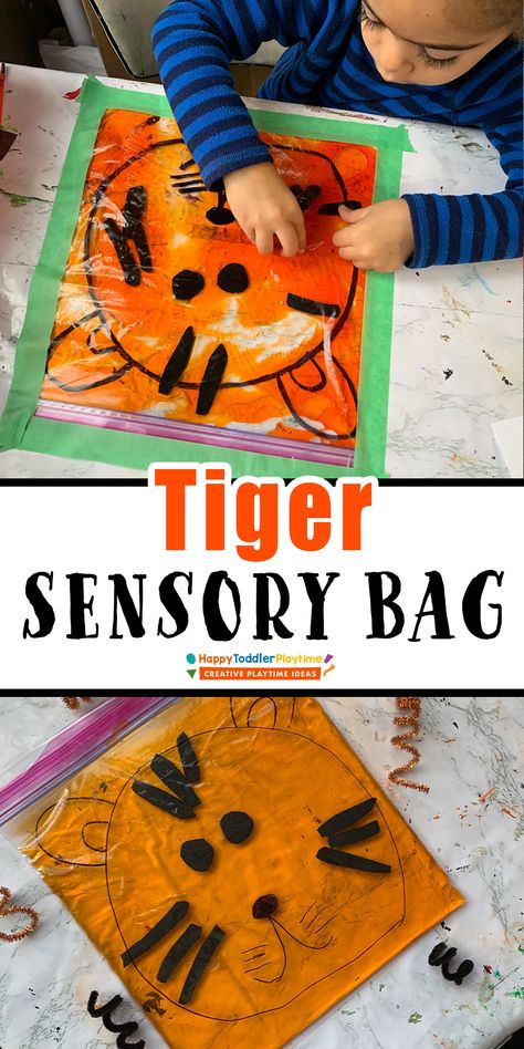 Tiger Sensory Bag for Preschoolers - HAPPY TODDLER PLAYTIME Wild Animals Preschool Activities Safari Theme, Africa Sensory Activities, Zoo Sensory Activities Preschool, Zoo Animals Sensory Bin, Zoo Activities For Babies, Toddler Zoo Animal Crafts, Safari Animal Activities Preschool, Infant Zoo Crafts, Zoo Theme Sensory Bin