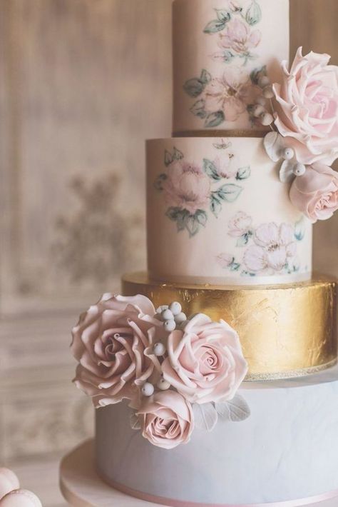 Vintage Pasta, Hand Painted Wedding Cake, Metallic Wedding Cakes, Painted Wedding Cake, Metallic Wedding, Wedding Cake Roses, Spring Cake, Floral Wedding Cakes, Dusty Rose Wedding