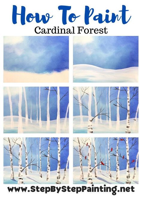 How To Draw Birch Trees Easy, Painting Birch Trees Tutorial, Winter Birch Tree Art For Kids, Easy Winter Tree Painting, Beginner Winter Painting, Painting A Birch Tree, Winter Cardinal Painting Easy, Painting Snowy Trees, How To Paint Winter Scene Step By Step