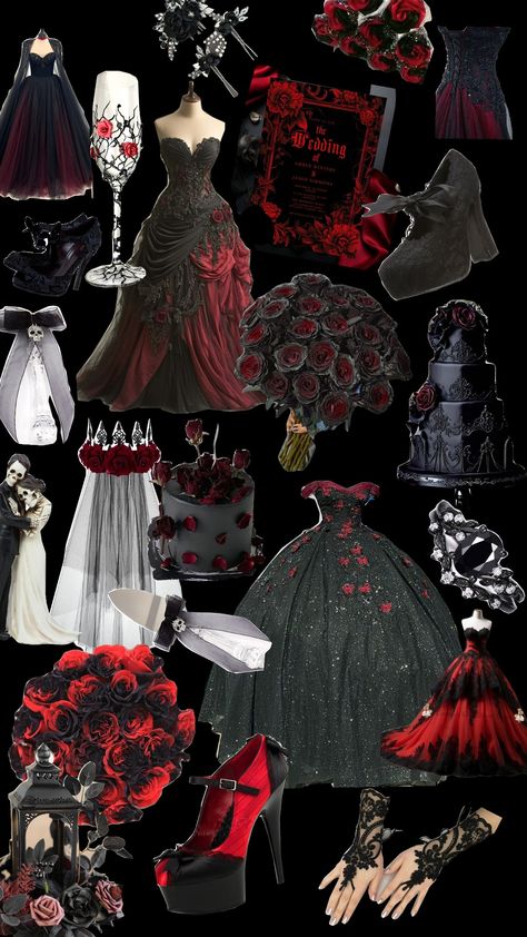 Black And Red Goth Wedding, Quinceanera Themes Red And Black, Quince Black And Red, Red And Black Sweet 16 Dresses, Black Red And Purple Wedding, Red And Black Quinceanera, Red And Black Quinceanera Theme, Black And Red Wedding Ideas, Red And Black Wedding Dress