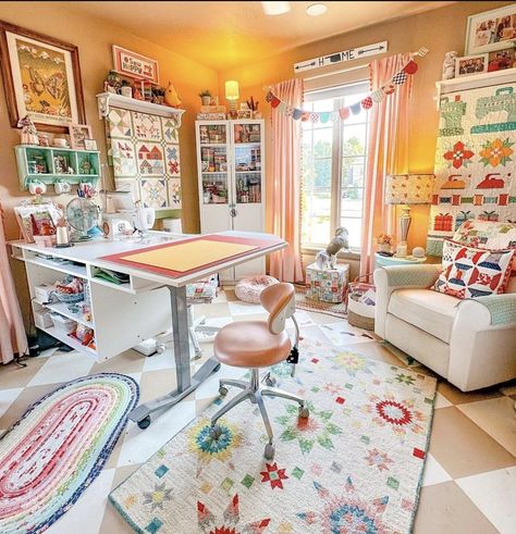 Sewing Studio In Living Room, Reading And Craft Room, Colorful Sewing Room, Sewing Studio Decor, Eclectic Craft Room, Sewing Rooms Design, Cozy Hobby Room, Cozy Craft Room, Sewing Studio Space