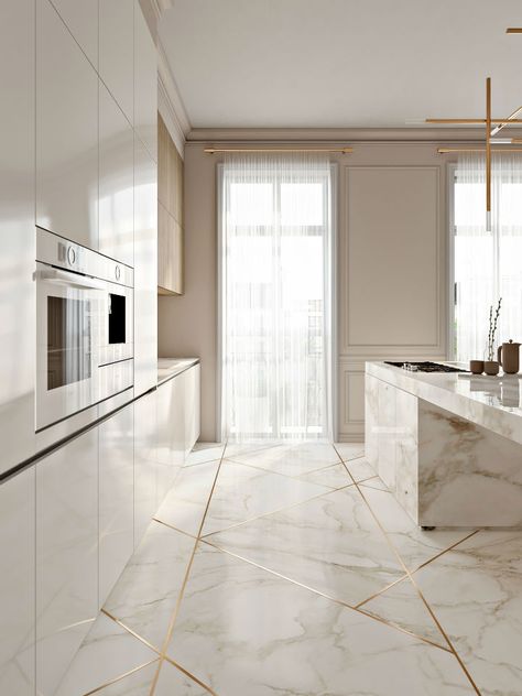 Stunning Elegant Kitchen With Gold Touches - Decoholic Marble Kitchen Island, Elegant Kitchens, House Architecture, Kitchen Marble, घर की सजावट, Interior Modern, Stylish Kitchen, Counter Tops, White Cabinets