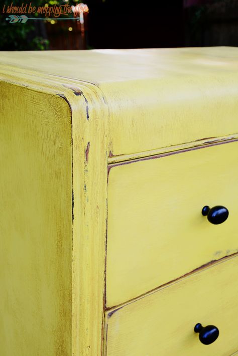 Yellow Furniture Makeover, Waterfall Chest Of Drawers Makeover, Painted Waterfall Vanity, Painted Waterfall Dresser, Art Deco Dresser Makeover, Waterfall Dresser Makeover, Painted Waterfall, Waterfall Bedroom, Art Deco Waterfall Dresser