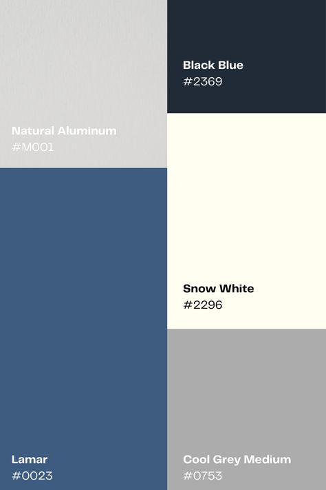 Blue blacks, light grays, and snowy whites are just a few of the colors inspired by the winter air in our new Interior 2.3 Essential collection. These neutral tones are great for accent colors, modern looks, and more. Enhance your interior space with a Fundermax decor. Interior Architectural Panels: Natural Aluminum #M001| Lamar #0023 | Black Blue #2369 | Snow White #2296 | Cool Grey Medium #0753 Explore this new collection by ordering free samples today: Industrial Blue Color Palette, Blue Exterior House Colors, Color Palets, White House Interior, Expensive Decor, Gray And White Kitchen, Blue Exterior, House Paint Interior, Colors Painting