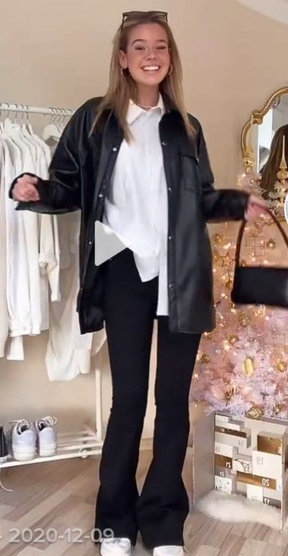 Black Leather Blouse Outfit, White Shirt With Leather Pants, Black Leather Flares Outfit, Oversized Leather Shirt Outfit, Leather Button Down Shirt Outfit, Black Leather Button Up Shirt Outfit, Leather Shirt Jacket Outfit, Leather Button Up Shirt Outfit, Black Leather Shirt Outfit