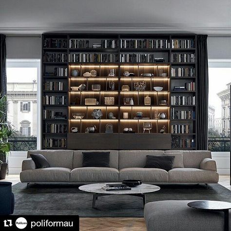 <3 Poliform.  #Repost @poliformau with @repostapp ・・・ The linear Tribeca sofa is enriched by the elevated detail to bring a visual impact to any living space.  #sofa #armchair #design #interior #bookshelf #estante #estanteiluminada #lightning #decor #DesigndeInteriores #interiordesign #instabeautiful #poliform #saladeestar #livingroom #instadesign #instadecor Bibliotheque Design, Home Library Design, Bookcase Wall, Design Salon, Wooden Bookcase, Contemporary Sofa, Design Del Prodotto, Lucerne, Wall Systems