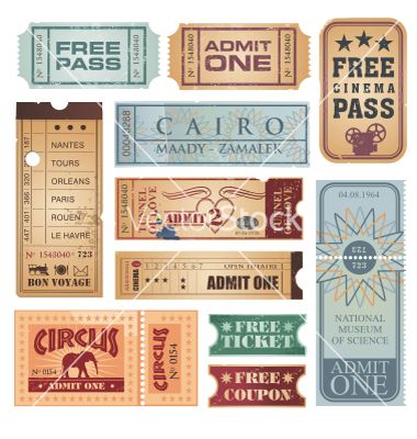 Vintage tickets http://www.ecrafty.com/c-81-craft-supplies.aspx Vintage Movie Ticket, Ticket Cinema, Vintage Tickets, Circus Tickets, Ticket Wedding Invitations, Movie Ticket, Vintage Ticket, Cinema Ticket, Creative Journaling