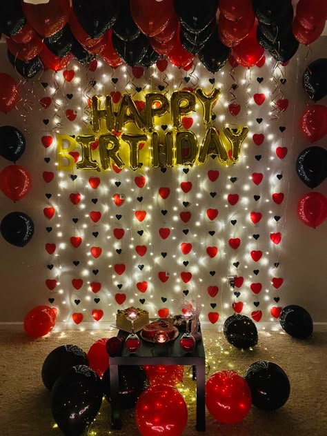 Happy Birthday Hubby Decorations, Decorated Bedroom For Birthday, Happy Birthday Party Ideas, Red And Black Balloons, Anniversary Decoration Ideas At Home, Balloons With Ribbon, Romantic Dinner Decoration, Party Ideas Birthday, Surprise Birthday Decorations