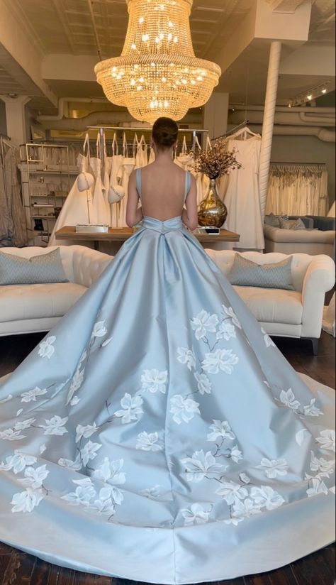 Ines Di Santo Romina | Blue wedding gown | Floral bridal gowns | Columbus OH White Blue Wedding Dress, Blue Wedding Dress Aesthetic, Powder Blue Wedding Dress, Blue Floral Wedding Dress, Blue Wedding Reception Dress, Blue Bride Dress, Blue White Wedding Dress, Blue Gowns Elegant, White And Blue Wedding Dress