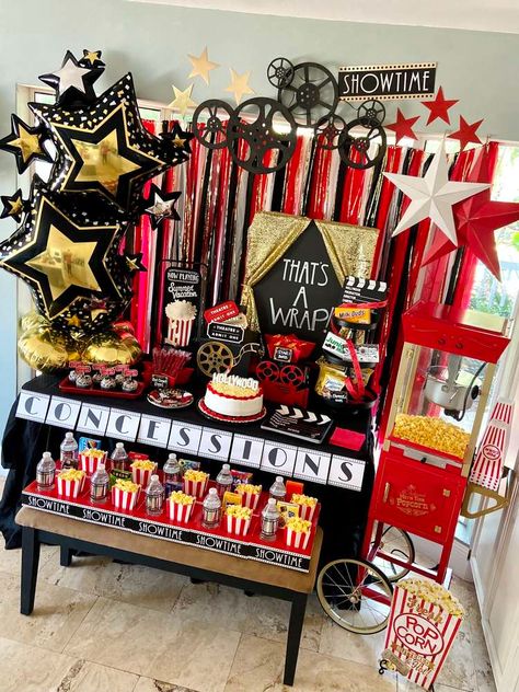 Movie Night Graduation/End of School Party Ideas | Photo 1 of 14 | Catch My Party Graduation Night Party Ideas, Movie Night Dessert Table, Movie Party Theme Ideas, Movie Party Table Decor, Theater Theme Grad Party, Movie Theme Table Decorations, Movie Themed Graduation Party, Movie Themed Birthday Party Ideas, Movies Birthday Party Ideas