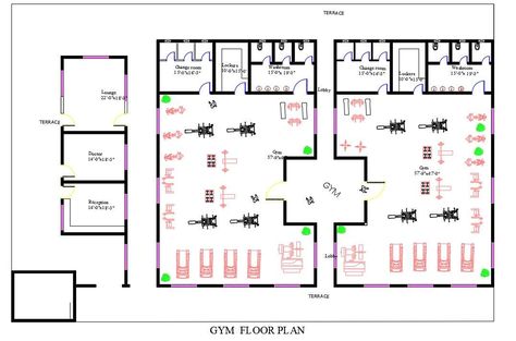 2D CAD drawing of GYM floor layout plan that shows changing room, lockers, washroom, and GYM with exercise equipment CAD blocks design. download GYM floor plan design DWG file. Gym Floor Plan, Floor Layout Plan, Wellness Center Design, Gym Architecture, Fitness Center Design, Yoga Room Design, Gym Plans, Interior Design Examples, Gym Design Interior