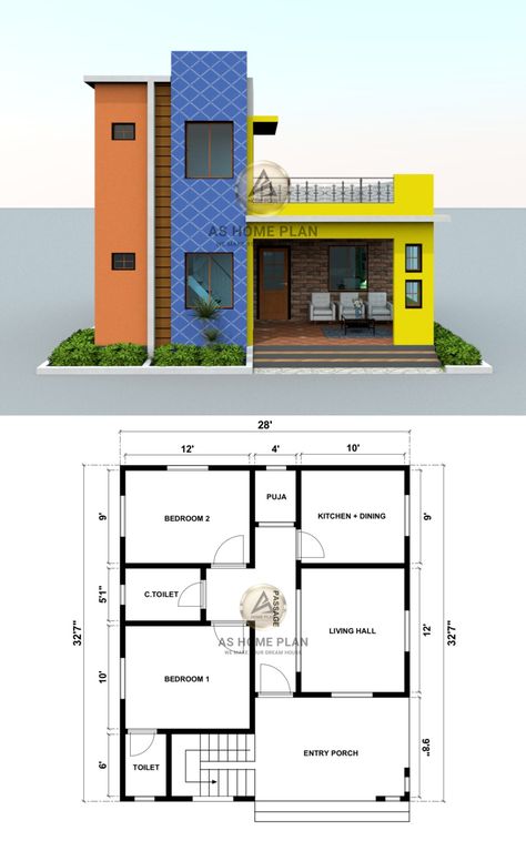 House front elevation with 2d house plan layout Bedroom Low Budget, Low Budget House Design, Civil Architecture, Budget House Design, Drawing House Plans, Low Budget House, House Plan Design, 3d House Plans, Free House Plans