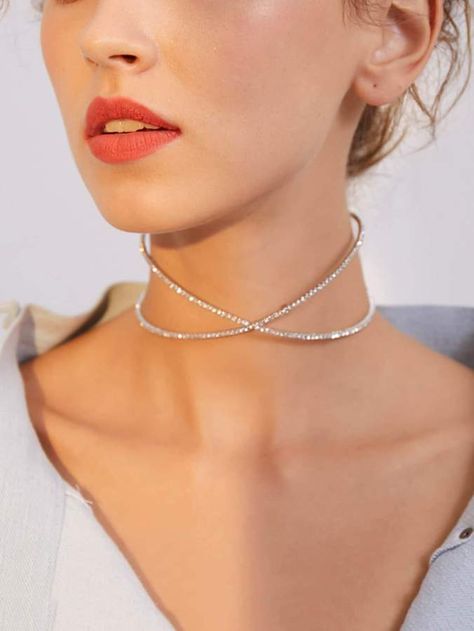 Shein Rhinestone Decor Criss Cross Choker 1pc Fancy Choker, Cross Choker Necklace, Cool Jewelry, Cross Choker, Choker Designs, Fancy Earrings, Rhinestone Decor, Classy Jewelry, Jewelry Lookbook