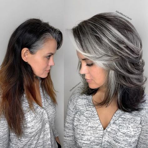 Medium Layered Gray Hairstyle Medium Brunette Hair, Grey Hair Transformation, Kadeřnické Trendy, Grey Hair Inspiration, Blond Balayage, Medium Brown Hair, Medium Layered Hair, Haircut Curly, Medium Length Hair With Layers