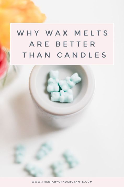 Candles Vs Wax Melts-- the ultimate fragrance showdown! Blogger Stephanie Ziajka shares reasons why wax melts are better than candles in today's post, along with a few wax melts hacks (like how to use them without a wax warmer) and a comparison of Scentsy wax bars vs Happy Wax natural soy wax melts. Click through for the full post on Diary of a Debutante! #waxmelts #candles #cozydecor #scentsy #happywax How To Price Wax Melts, Wax Melts In A Jar, Packaging For Wax Melts, Squeezable Wax Melts Diy, Making Wax Melts To Sell, Wax Melt Display, Wax Melt Ideas, Wax Melts Diy, Soy Wax Melts Diy