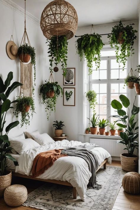 Home Bedroom Refresh by Using Plants Bedroom With Hanging Plants, Plant Bedrooms, Plant Filled Bedroom, Rooms With Plants, Aurora Bedroom, Moody House, Plants In Bedroom, Plant Decor Bedroom, Bedroom Plants Decor