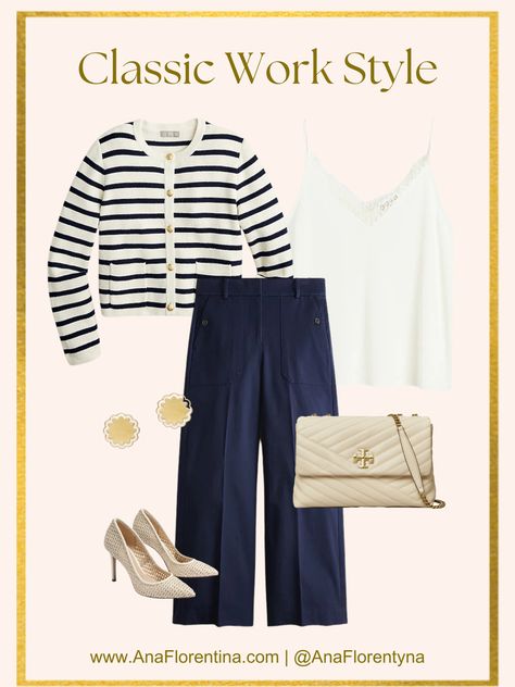 Classic work wear outfit idea Navy Stripe Cardigan Outfit, Navy And Beige Outfit, Navy Pants Outfit Work, Stripe Cardigan Outfit, Spring Pants Outfits, Navy Pants Outfit, Classic Work Style, Neutral Pumps, Classic Work Outfits