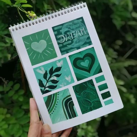 Green Diary Aesthetic, Mood Board Acrylic Painting, Mandala Art On Pot, Green Aesthetic Art, Mood Board Art, Green Mood Board, Painted Posters, Mini Diary, Aesthetic Paintings