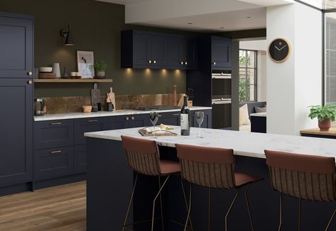 Florence Shaker Kitchen in Slate Blue - Kitchen Stori Bar With Island, Slate Blue Kitchen, Blue Decor Ideas, Shaker Kitchen Doors, Bespoke Kitchen Design, Blue Kitchen Cabinets, Shaker Style Doors, Kitchen Wardrobe, Kitchen Colour Schemes