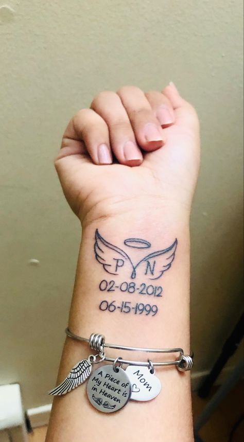 Meaningful Memory Tattoos, Simple Memory Tattoos, Wrist Tattoos In Memory Of Loved Ones, Memorial Tattoo For Both Parents, Small Memorial Tattoos For Two People, Memory Tattoos For Friend, Dates Tattoo Ideas Memories, Tattoo Ideas In Memory Of Grandparents, Wrist Tattoos For Passed Loved Ones