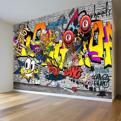 Graffiti Game Room, Game Room Graffiti Wall, Graffiti Wall Art Boys Bedroom, Graffiti Wallpaper Bedroom, Basement Graffiti Wall, Graffiti Murals Interior, Graffiti Art Bedroom Wall, Graffiti Wall Design, Indoor Graffiti Wall