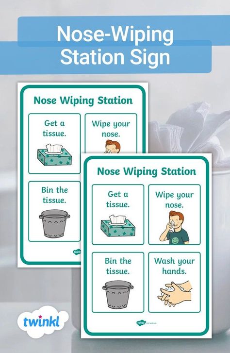 Guide your class to improved hygiene with this nose-wiping station sign. This is a fantastic way to show your children where to go if they have a runny nose and how to help stop the spread of germs! Head over to the Twinkl website to download yours!  #hygiene #nosewiping #teaching #teacher #teachingresources #twinkl #twinklresources #display #classroomdisplay #classroomideas #classroominspiration #snufflestation  #toilets #toiletsigns #bathroom #behaviourmanagement #displaypack #display Health Preschool, Eyfs Ideas, Kids Routine, Reggio Inspired Classrooms, Nose Picking, Self Help Skills, Nose Cleaner, Behaviour Management, Classroom Display