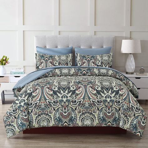 PRICES MAY VARY. 🌻🌼High Quality Material : This 7 pieces paisley comforter set is made of super soft microfiber material, fill the comforter with the whole piece of microfiber, which is breathable, lightweight and comfortable. With delicately bound edge stitching, the microfiber comforter is very durable, wrinkle and fade resistant. 🌻🌼7 Pieces Comforter Bed in a Bag: This 7 Pieces Paisley Comforter King Size Bedding includes 1 King Comforter: 90"x102", 1 Fitted Sheet: 78"x80"+14", 1 Flat She Navy And Sage Bedroom, Modern Farmhouse Bedrooms, Navy Bedspread, Brown Comforter Sets, Paisley Comforter, Brown Comforter, Comforter Sets Boho, Paisley Bedding, Farmhouse Bedrooms