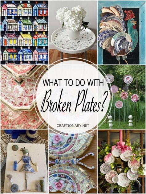 45 Broken plate crafts using china glass - Craftionary Old Dishes Garden Art, Craft With Plates, Crafts With China Dishes, Ideas For Old China Dishes, China Mosaic Ideas, Broken Dishes Mosaic Ideas, Old Plates Crafts Diy Projects, Ceramic Mosaic Art Projects, Jewelry Mosaic Art