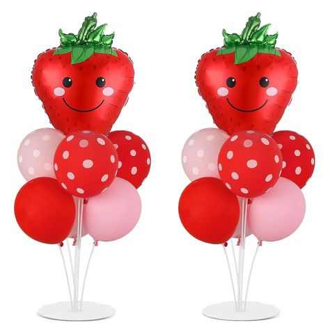 PRICES MAY VARY. Package includes: 2 table centerpiece balloons stand kit and 16 balloons, including strawberry foil balloons×2, 10-inch red balloons×4,10-inch pink balloons×4,12-inch red ball and white dot color balloon×4,12-inch light pink ball with white dot color balloon×4， glue dots and pink ribbons×2. Balloon holder kit size: bare balloon stand kit can be up to 27 inches tall or decorated with inflatable balloons up to 47 inches, matches many party table sizes and is perfect for sweet stra Balloon Centerpieces For Tables, Strawberry Party Ideas, Strawberry Centerpiece Ideas, Balloons Stand, Balloon Table Centerpieces, 2 Balloon, Birthday Theme Decoration, Centerpieces For Tables, Balloon Stand